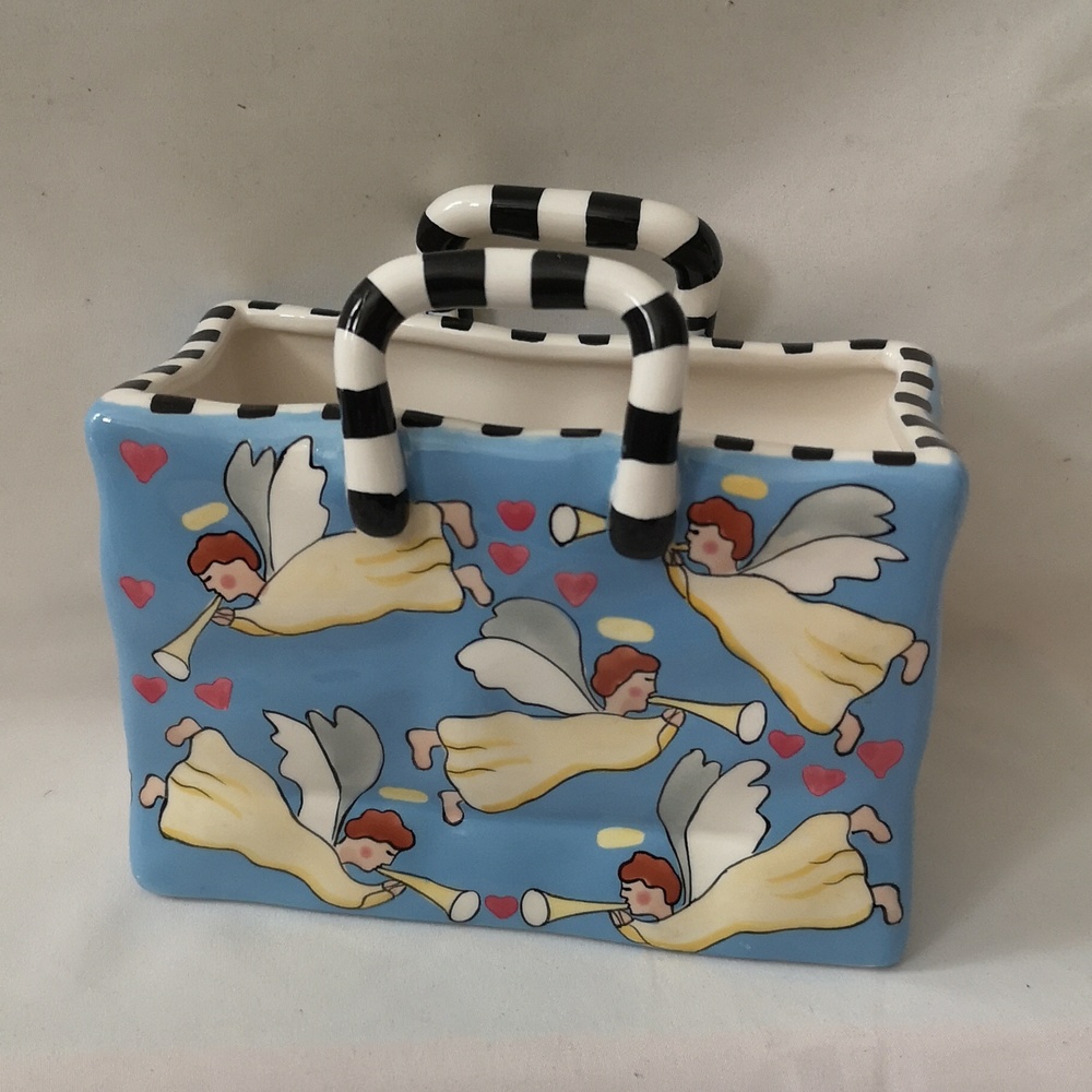 Ceramic Purse Bag Planter or Display, Angels Hearts Black White Patricia Dupont